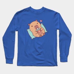 Cute Capybara Chilling And Drinking Bubble Tea Long Sleeve T-Shirt